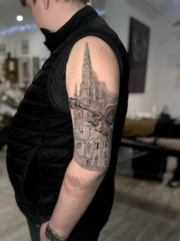 Peregrine falcon and Norwich Cathedral memorial tattoo by Siobhan